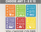 Childrens Kids Bathroom Art Print Set of (3) Fine Art Home Decor 8 x 10 Each Print - Choose ANY 3 Prints in ANY Color
