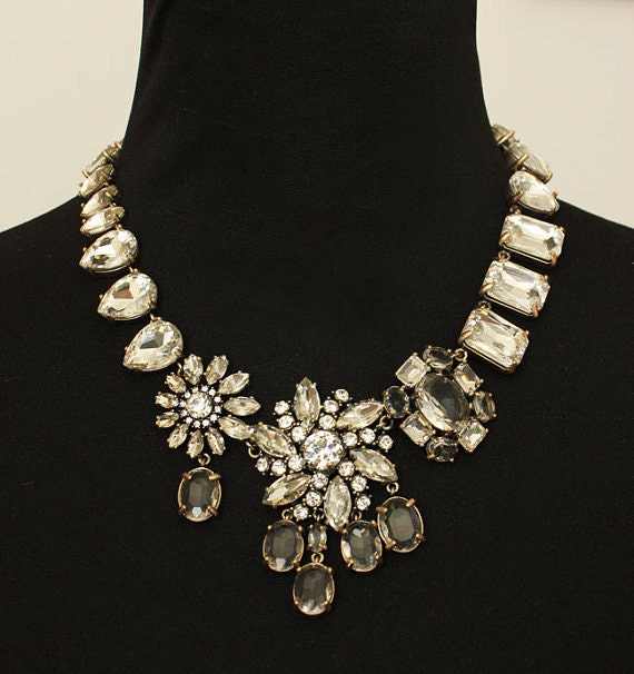 2013 CRYSTAL COLLAGE Gem Glass Stone Rhinestone Wedding Party Statement Brass Bib Necklace Choker