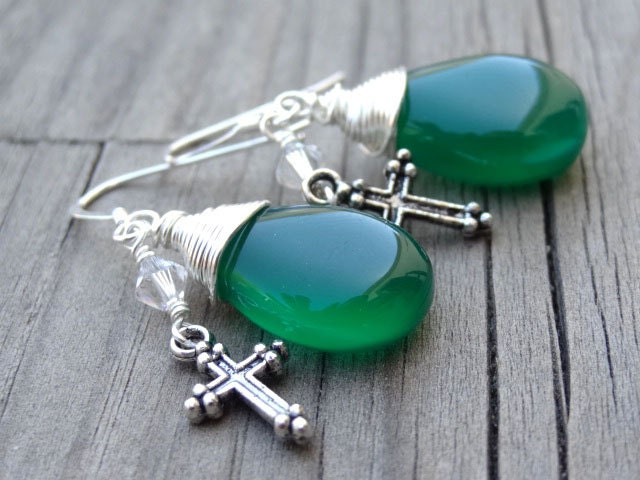 Sterling Silver Green Onyx Crystal Wire Wrapped Dangle Cross Earrings Christian Religious Jewelry