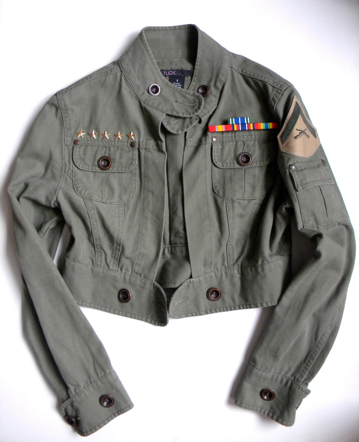 Womens Sexy Cute Cropped Military Jacket - Army Green with Gold Star Studs and Official Army pins & patches - Custom One-of-a-Kind