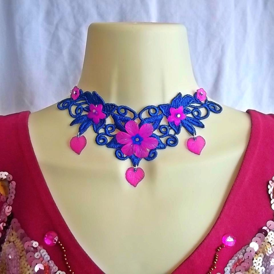 Fuschia Pink Flowers & Blue Lace Choker Necklace, Statement Necklace, Kitsch Necklace, Bridesmaid Necklace, Burlesque, Flower Jewellery