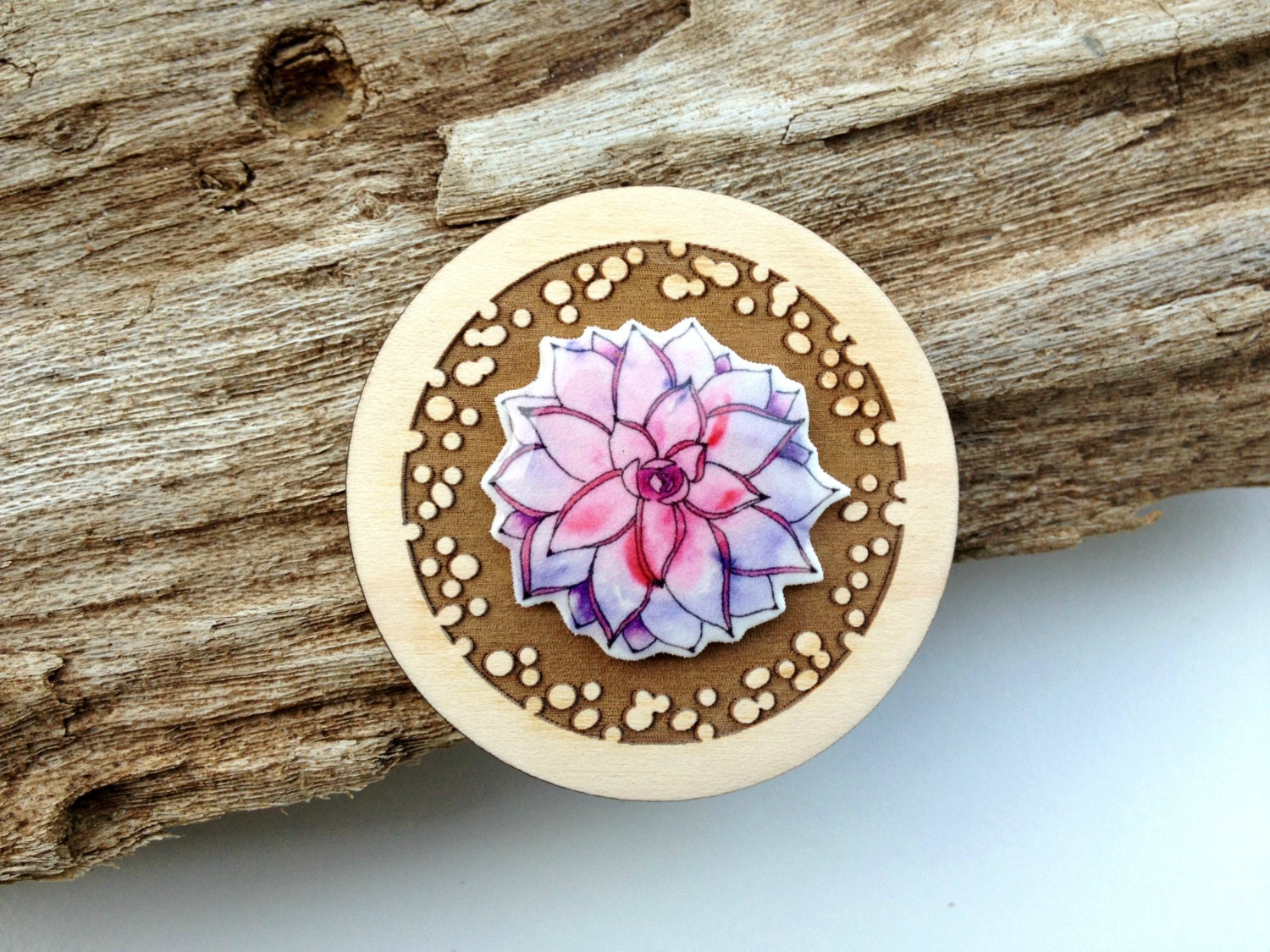 Purple Succulent Pot Plant Brooch & Pendant - original watercolour illustration print on laser cut wood