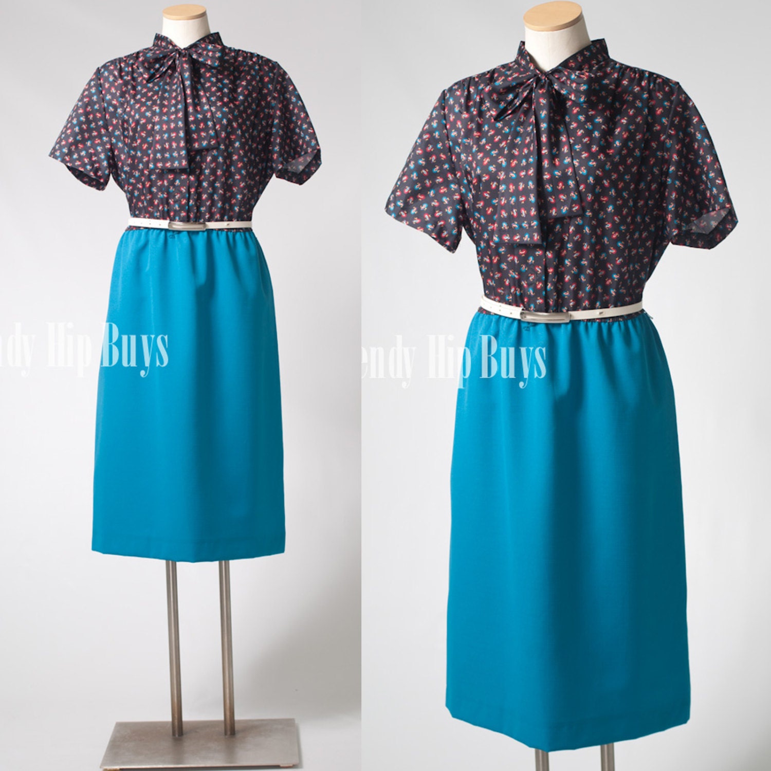 Vintage Mad Men 60s Blue Turquoise Paisley Bow Tie Secretary Dress - XL/1XL