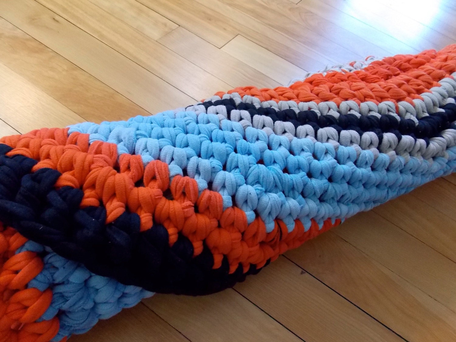 Crochet Rag Rug, Recycled Material, Orange, Blues, Cotton, Child's Room, Kitchen, Throw Rug, Bath Mat, Welcome Mat