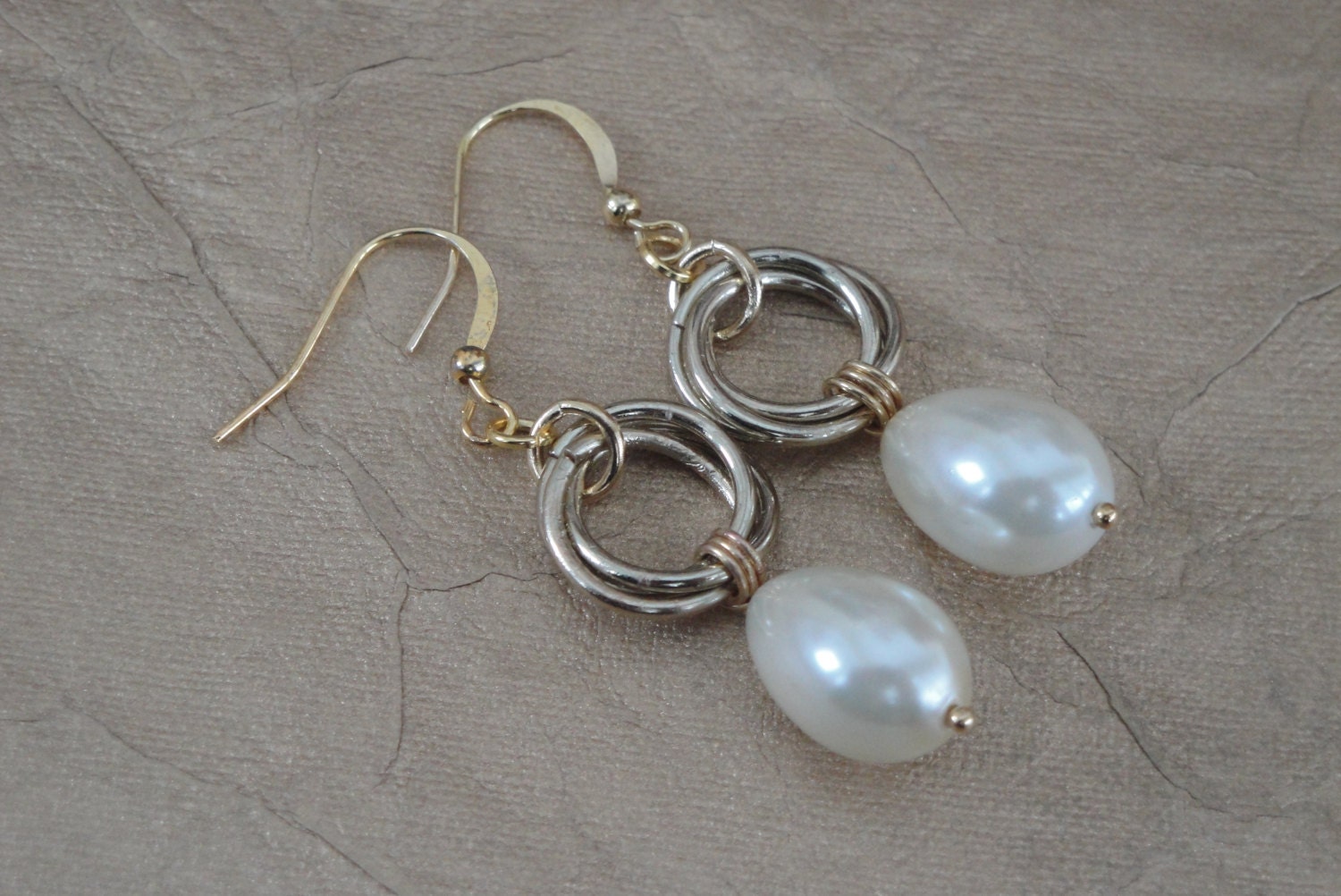 Wire Wrapped Knot Hoop Link Drop Earrings, Ivory Pearl Drop Earrings, Champagne Pearl Drop Earrings, Bridal Party Jewelry, Bridesmaids Gift