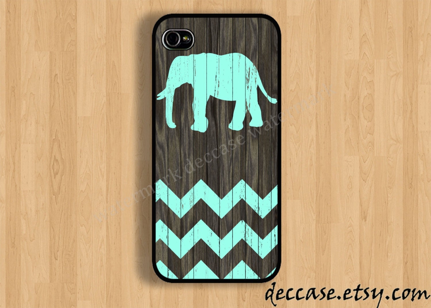 IPHONE 5 CASE Mint chevron ELEPHANT on dark wood background iPhone 4 case iPhone 4S case iPhone case Hard Plastic Case Soft Rubber Case