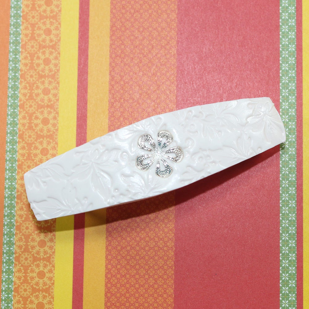 Wedding barrette hair accessory, white elegant barrette with unique texture and silver plated ornament embedded