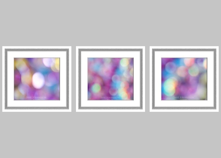 Sparkles -  unframed fine art bokeh photos, set of 3 abstract photographs of colourful sparkly lights - 8"x8" original photography prints.
