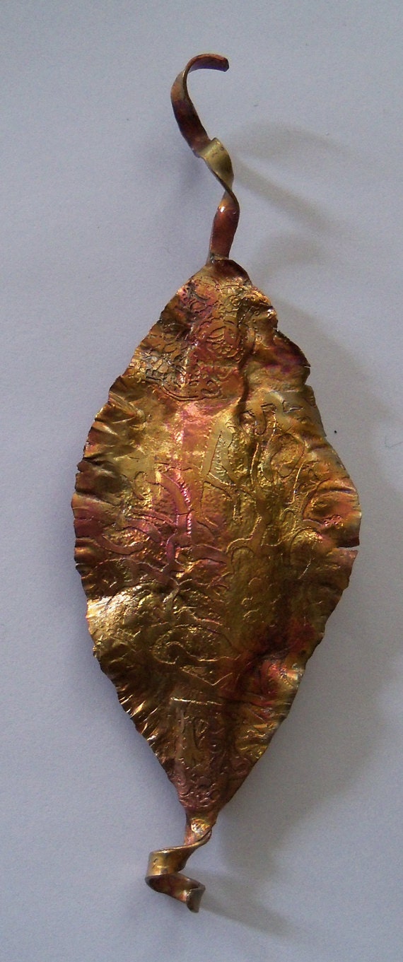 Copper brooch, copper, leaf, copper leaf, copper leaf brooch, pin, copper pin, heat colored and formed.