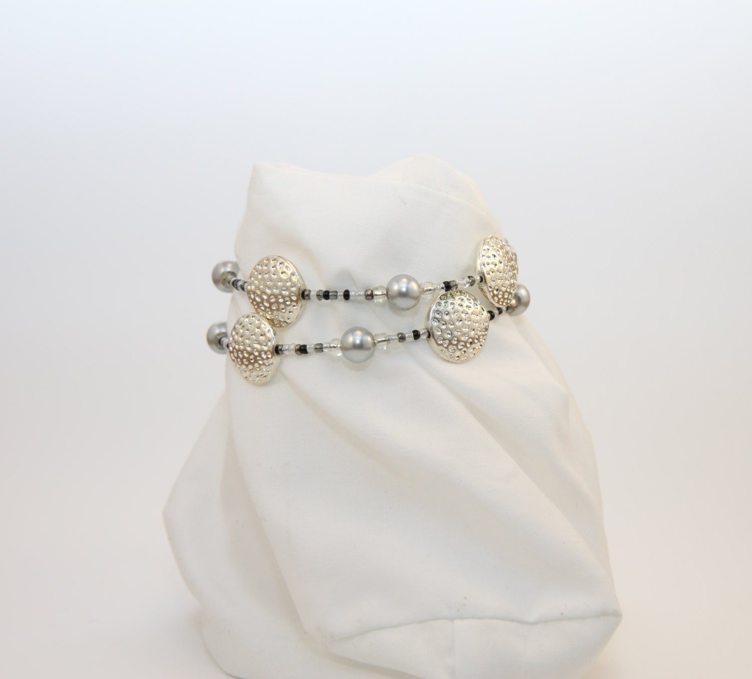 Swarovski Pearl and Metal Moon Bead Memory Wire Bracelet, Wrap Bracelet, Beaded Bracelet, Mother's Day Gift