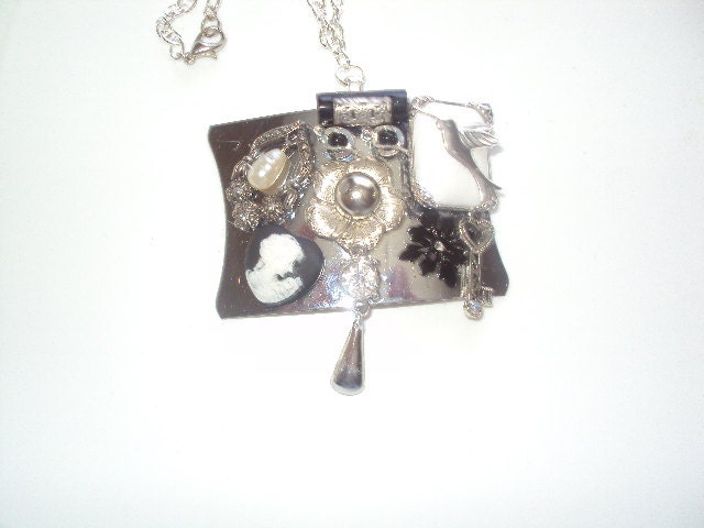 Black and White Collage Necklace, Silver Vintage Necklace
