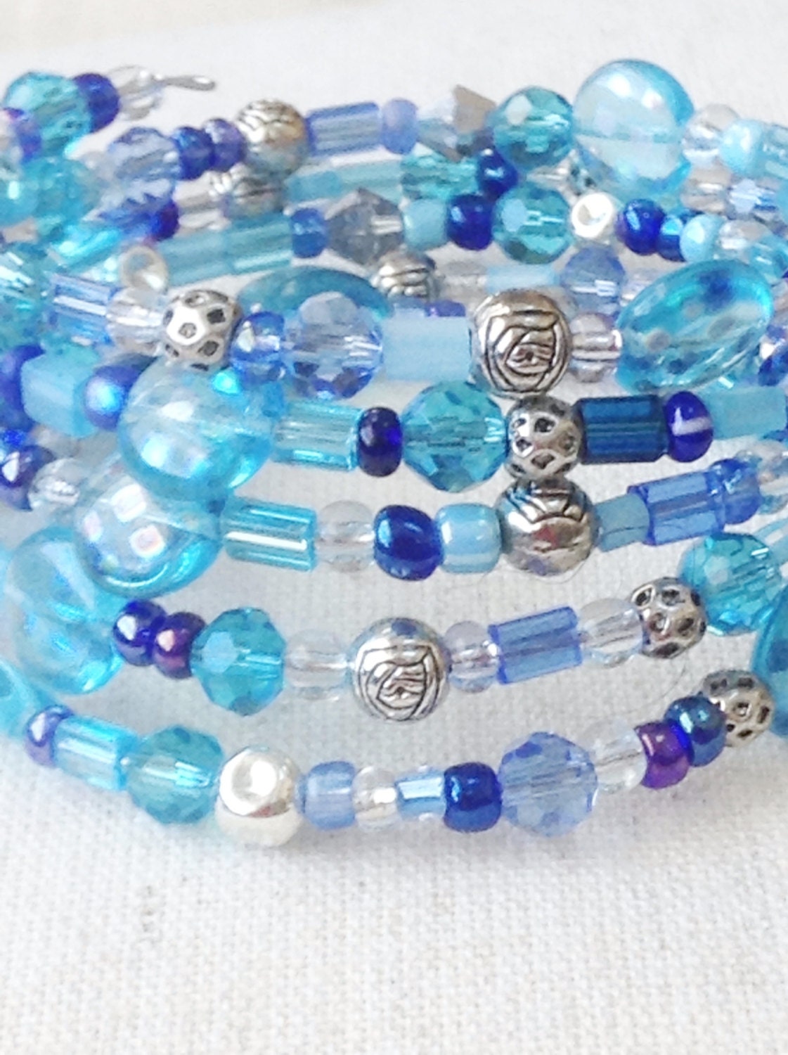 Memory Wire Bracelet- Blue/Aqua Tones with Silver Elements