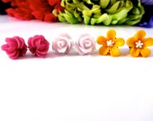 Earrings Gift Set, Flower Studs, Flower Posts, Lilac, Pink and Yellow Resin Flower Stud Earrings, Gift for Her