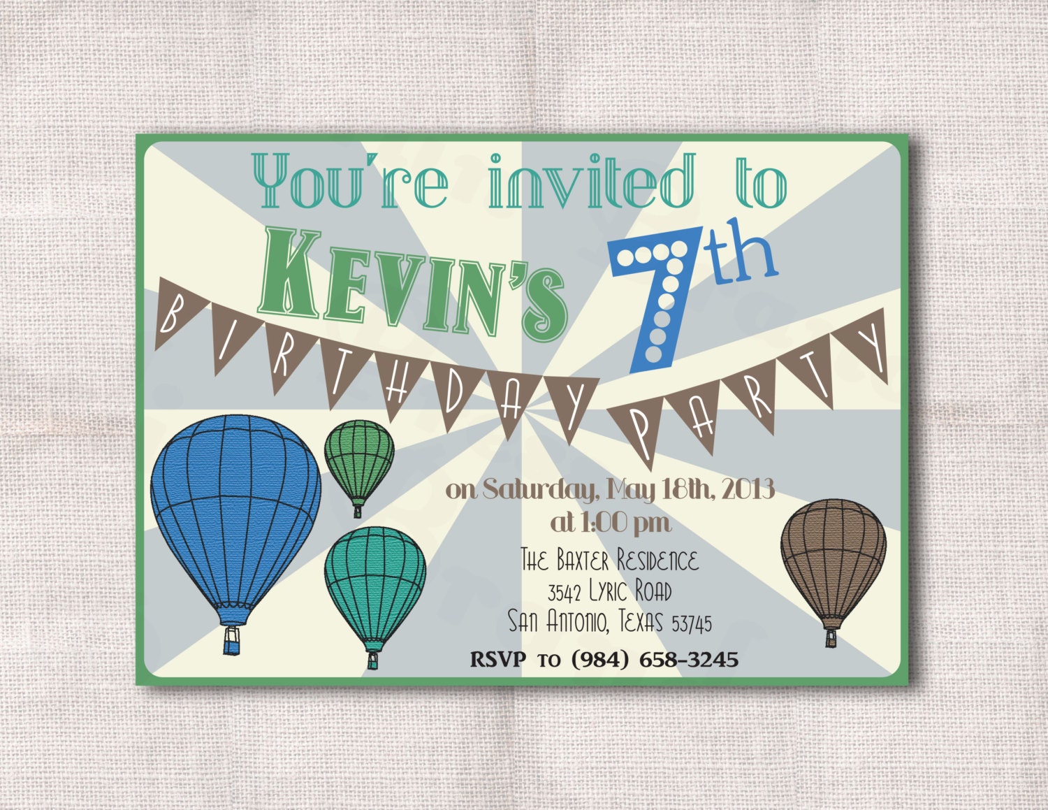 5x7 Hot Air Balloon Birthday Party Custom Printable Invitation