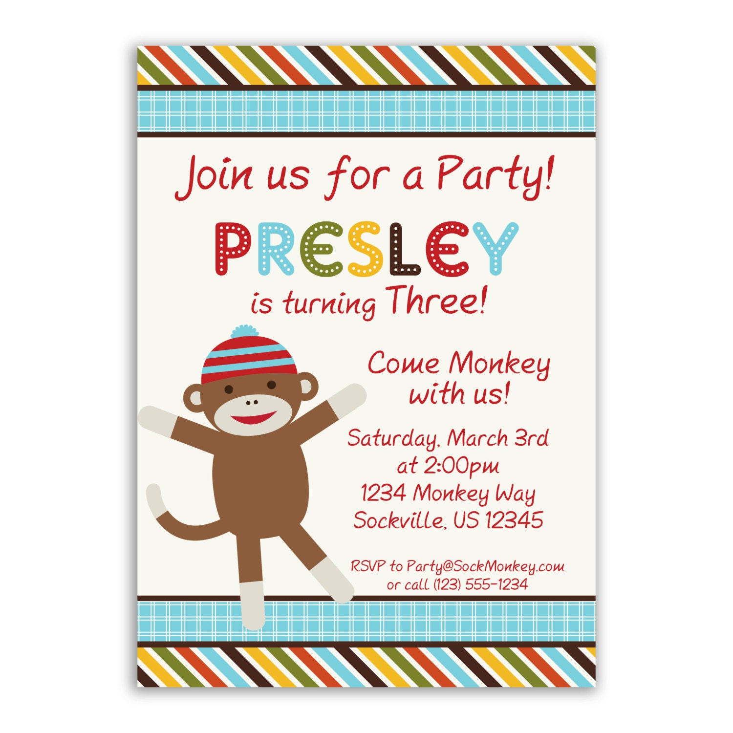 Sock Monkey Invitation - Red, Blue, Turquoise Stripe, Cute Little Sock Monkey Personalized Birthday Party Invite - a Digital Printable File