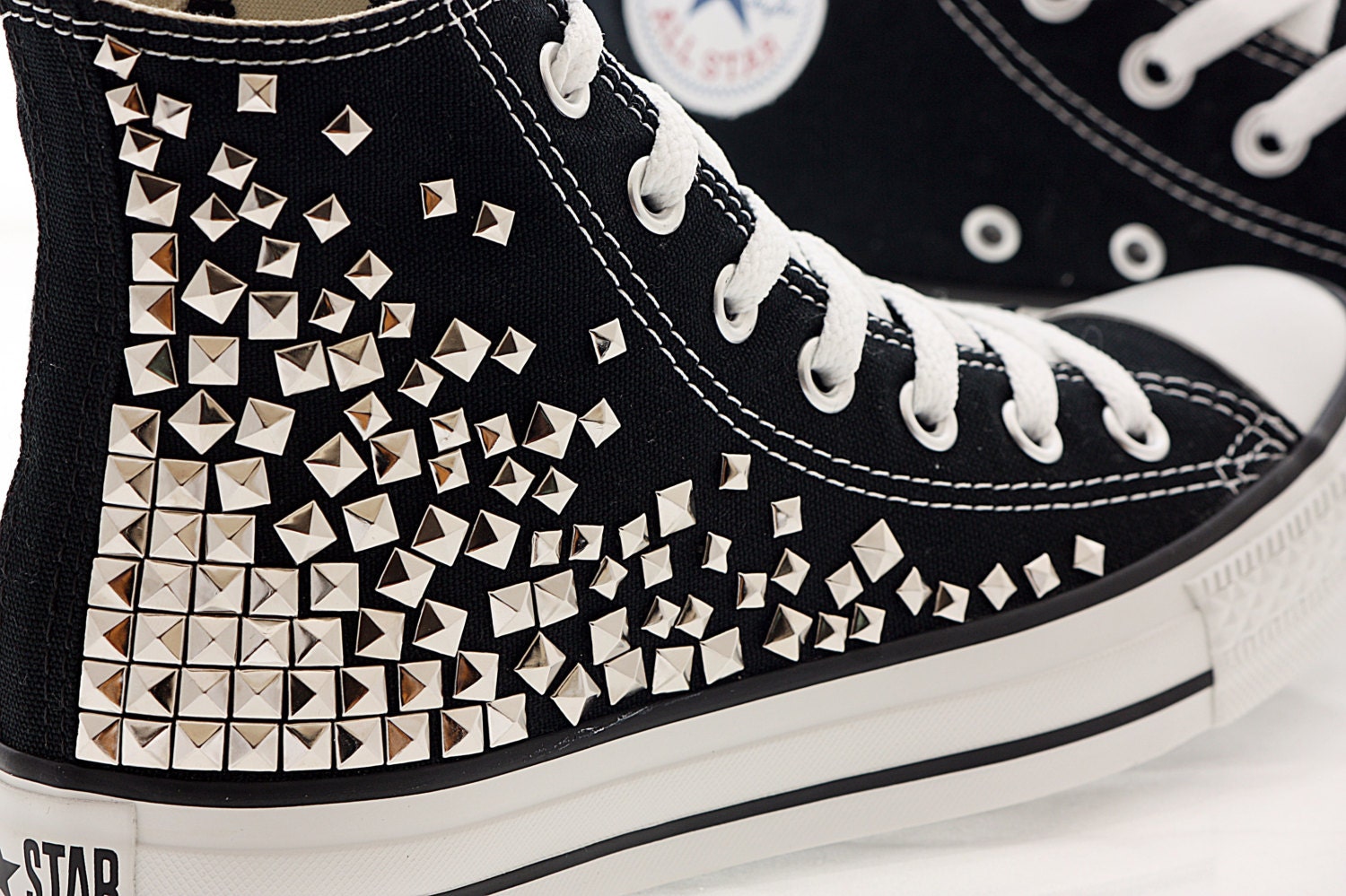 Studded Converse, Black converse with Silver pyramid studs by CUSTOMDUO on ETSY