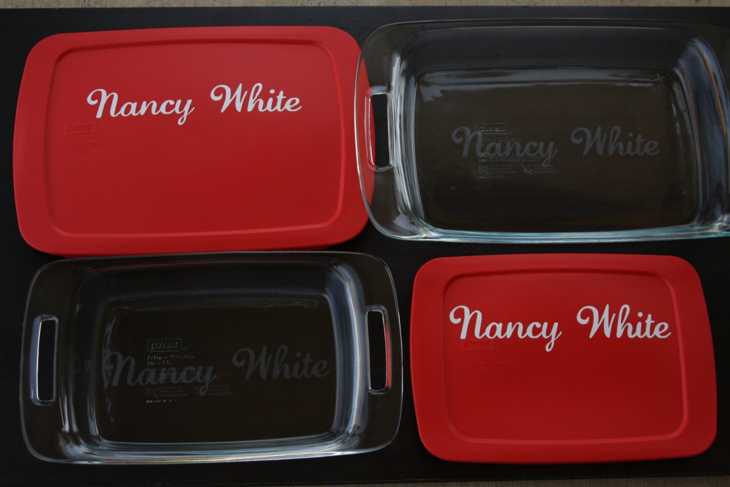 4 Pc. Personalized Bakeware Set: TWO Custom Etched Pyrex Baking Dishes WITH NAME on Lids (7x11 Option)