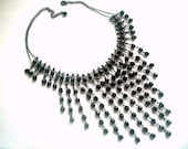 Black French Jet Multi Strand Metal Strung Bib Choker Necklace Gothic Victorian