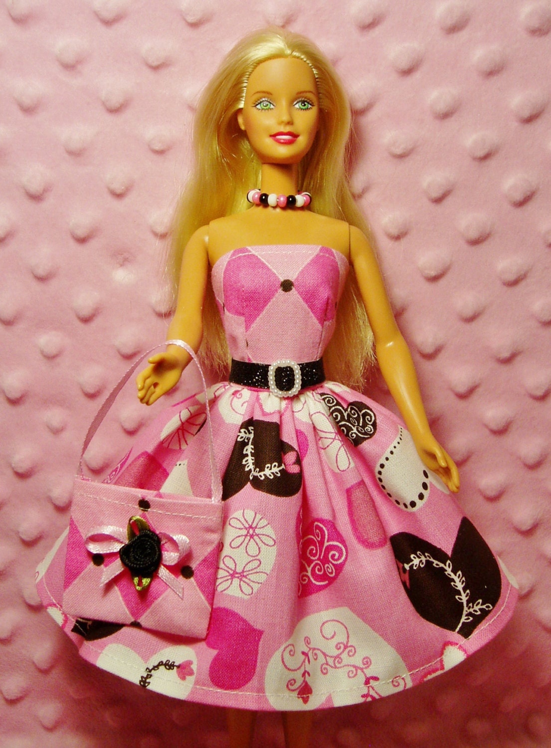 Barbie Clothes - Pink & Black Hearts Dress, Purse, Necklace, Belt and High Heel Shoes