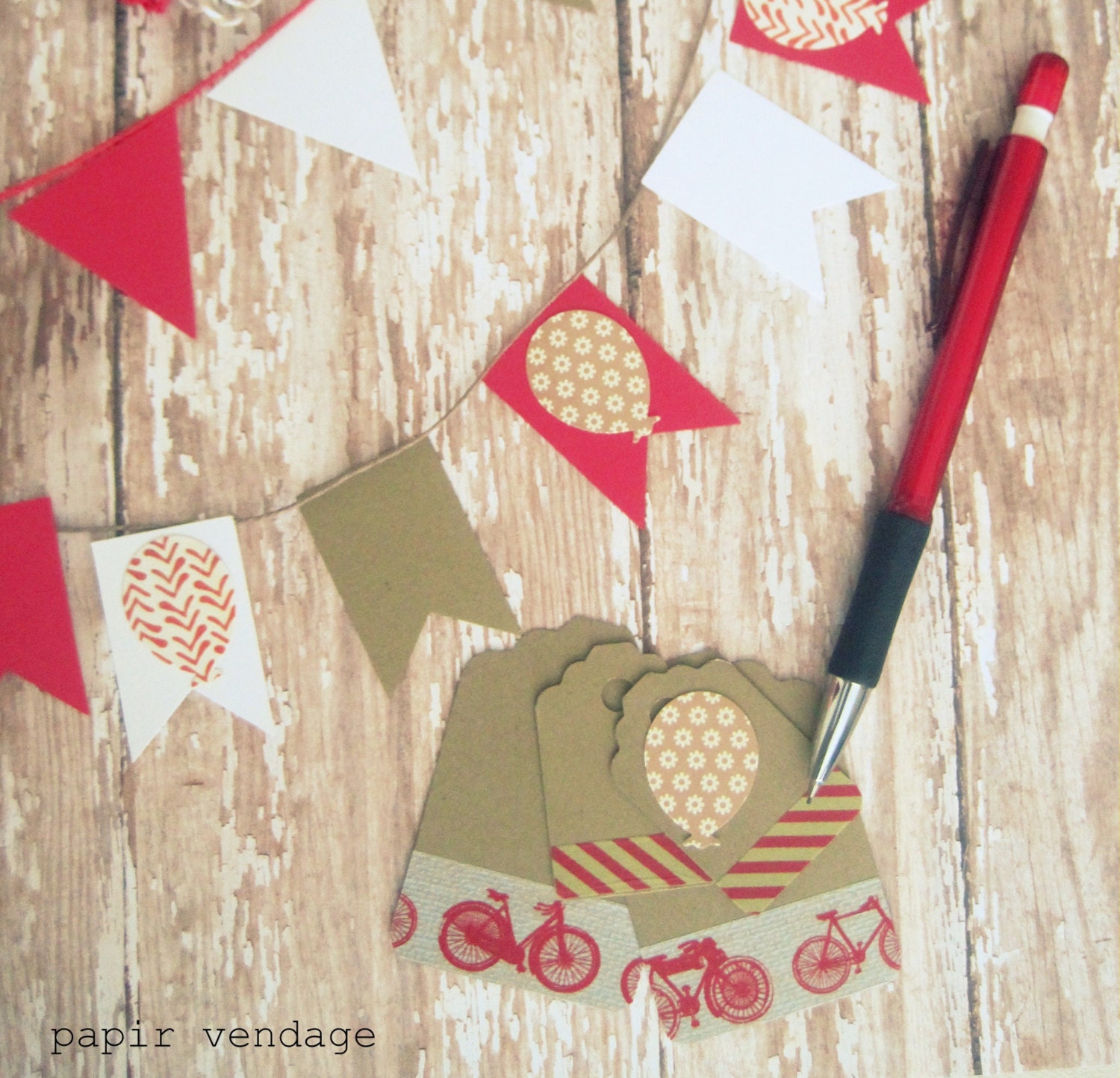 Summer Theme 34pc. Paper Kit ,Bicycle Journal Paper & Twine Kit, 34pcs Scrapbooking Set, Red, Brown and White , Summer Theme - papirvendage