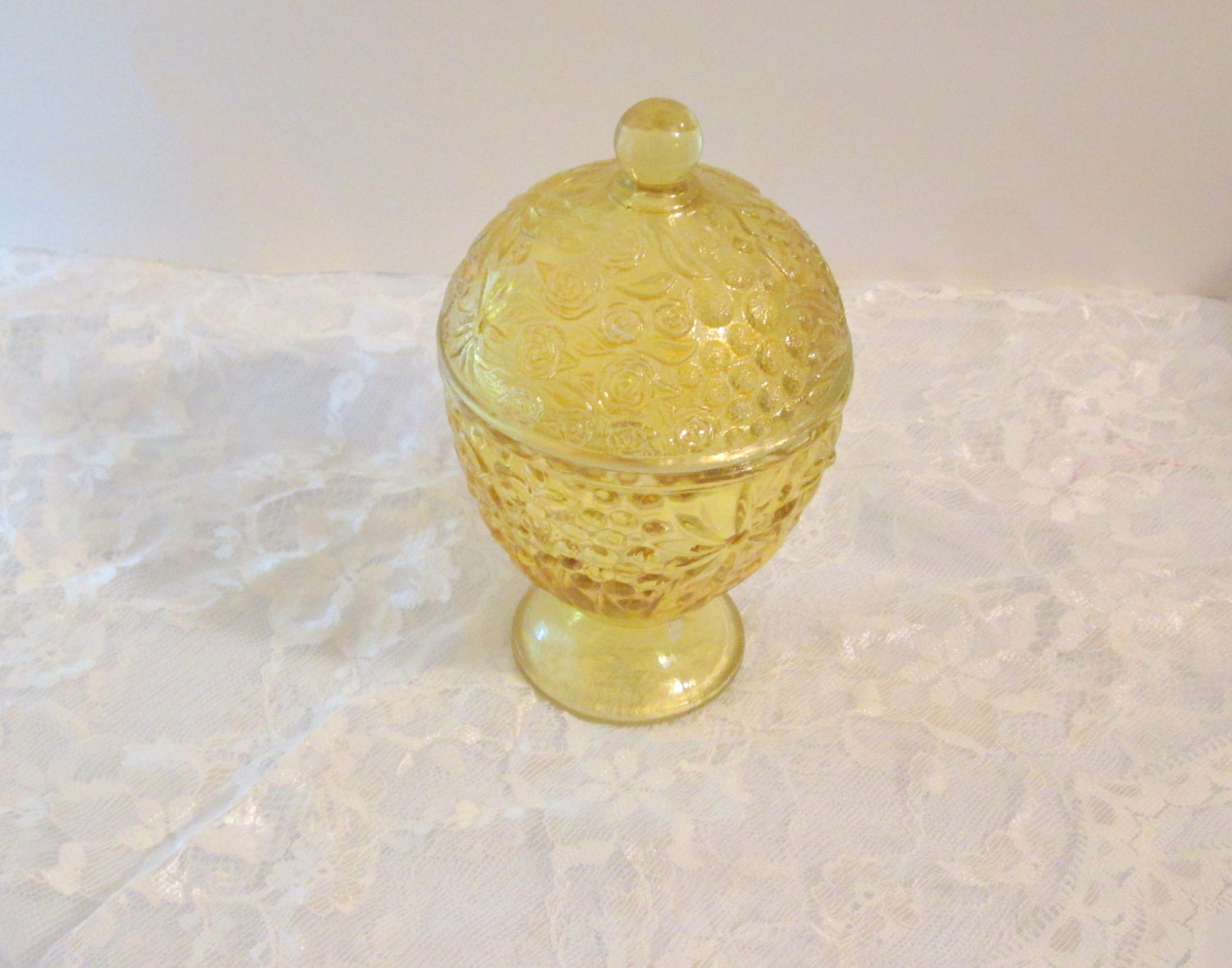 Vintage 1970s Avon Yellow Gold Candy Dish or Vanity Dish, Pressed Glass with Floral Design