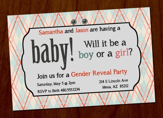 Gender Reveal Party Baby Shower 4x6 Custom Printable Invitation Il_570xn