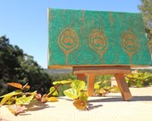 Peacock Feathers on Green Background Mini Canvas with Gold Easel, Peacock Feathers Art