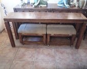 Vintage Drexel Campaign Console Sofa Table & Benches Ottomans Mid Century Modern Hollywood Regency Brass