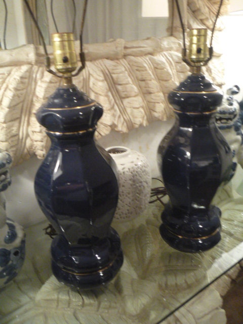 Vintage Cobalt Blue Ginger Jar Pair Table Lamps Hollywood Regency Mid Century Modern