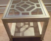 Pair of Vintage Chinese Chippendale fret work Fretwork Chinoiserie Hollywood Regency End Side Tables Asian Glass Mid Century Modern