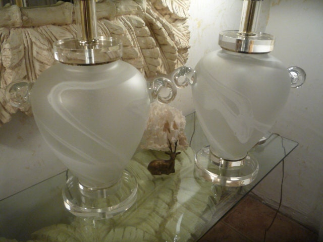Vintage Swirl Frosted Glass Murano Table Lamps Pair Lucite Brass Hollywood Regency Mid Century Modern Palm Beach
