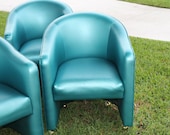 Vintage Set of 4 Tub Barrel Chairs Teal Blue Brass Castors Retro Mid Century Modern Hollywood Regency Wheels Dining Lounge