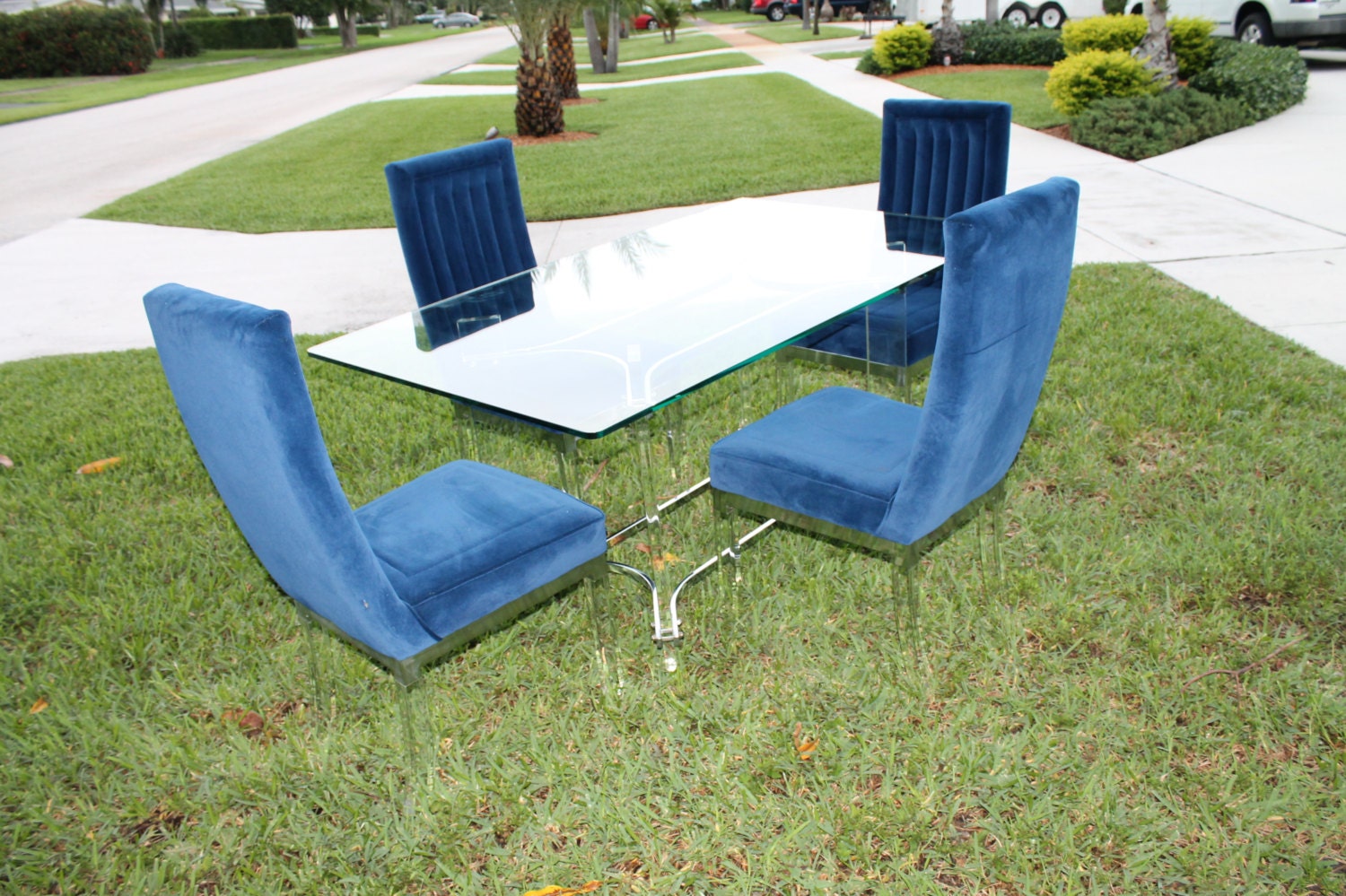 Vintage Set 4 Chairs Charles Hollis Jones Chrome Lucite Dining Table Glass Hollywood Regency Mid Century Modern Channel Back Blue Velvet