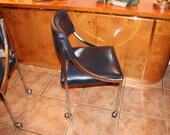 Vintage Set of 4 Dining Desk Club Louge Chairs Hollywood Regency Chrome Mid Century Modern Blue Leather Castors Wheels Retro Palm Beach