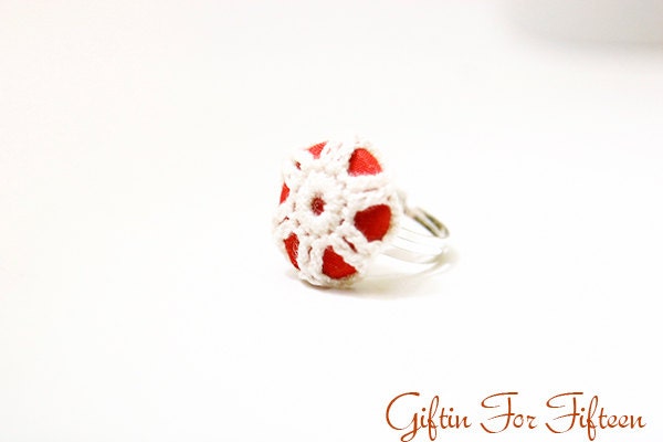 Crocheted Canvas Button Ring, Vintage Style, Silver Plated Base, Handmade Button, Birthday Gifts, Wedding Jewelry, Custom Orders Welcome