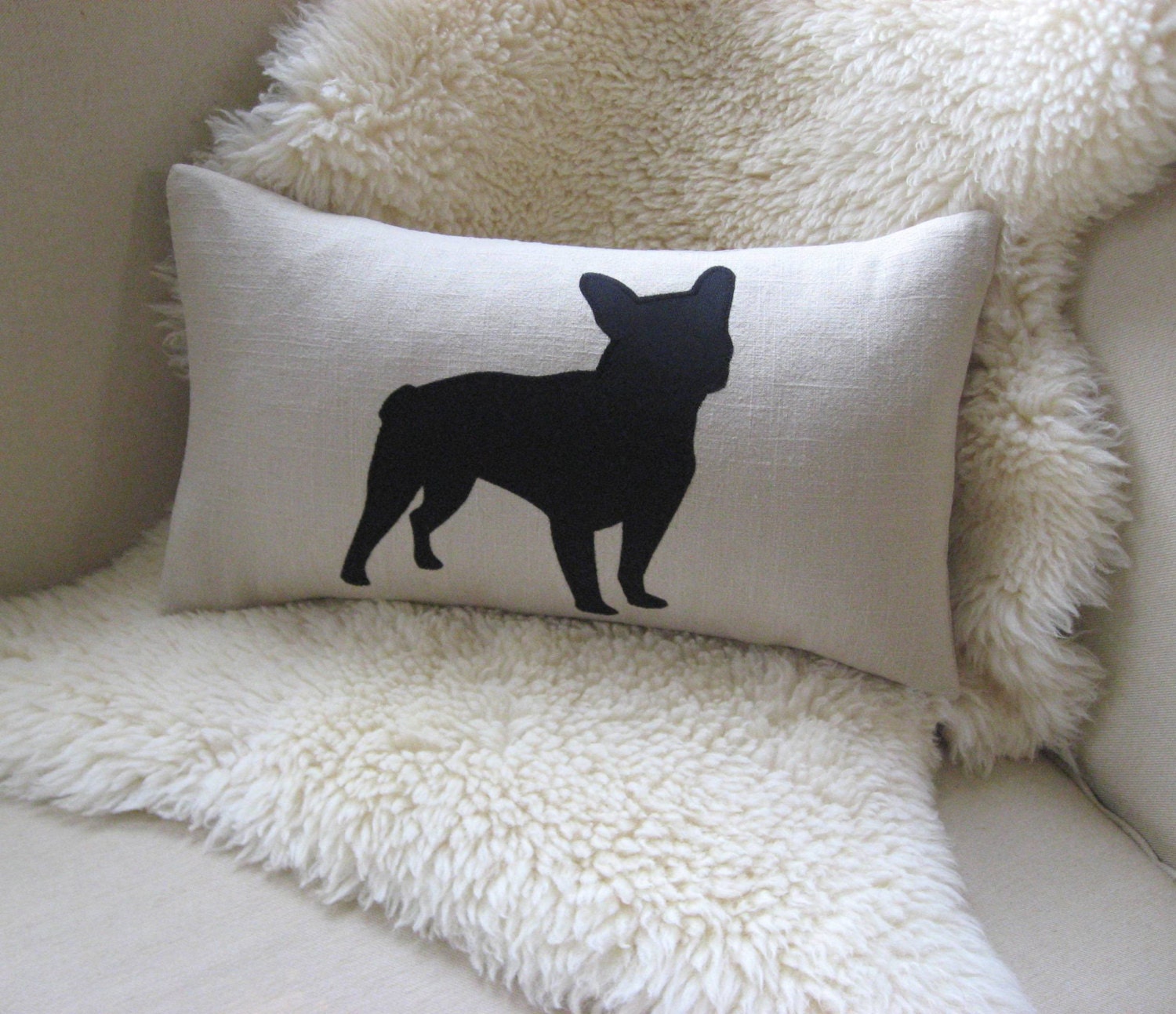 French Bulldog Pillow Cover, Appliqué Dog Silhouette in Black/White, Beige Cotton/Linen 12x20 16x16 18x18 20x20 Cottage Chic, Rustic Modern