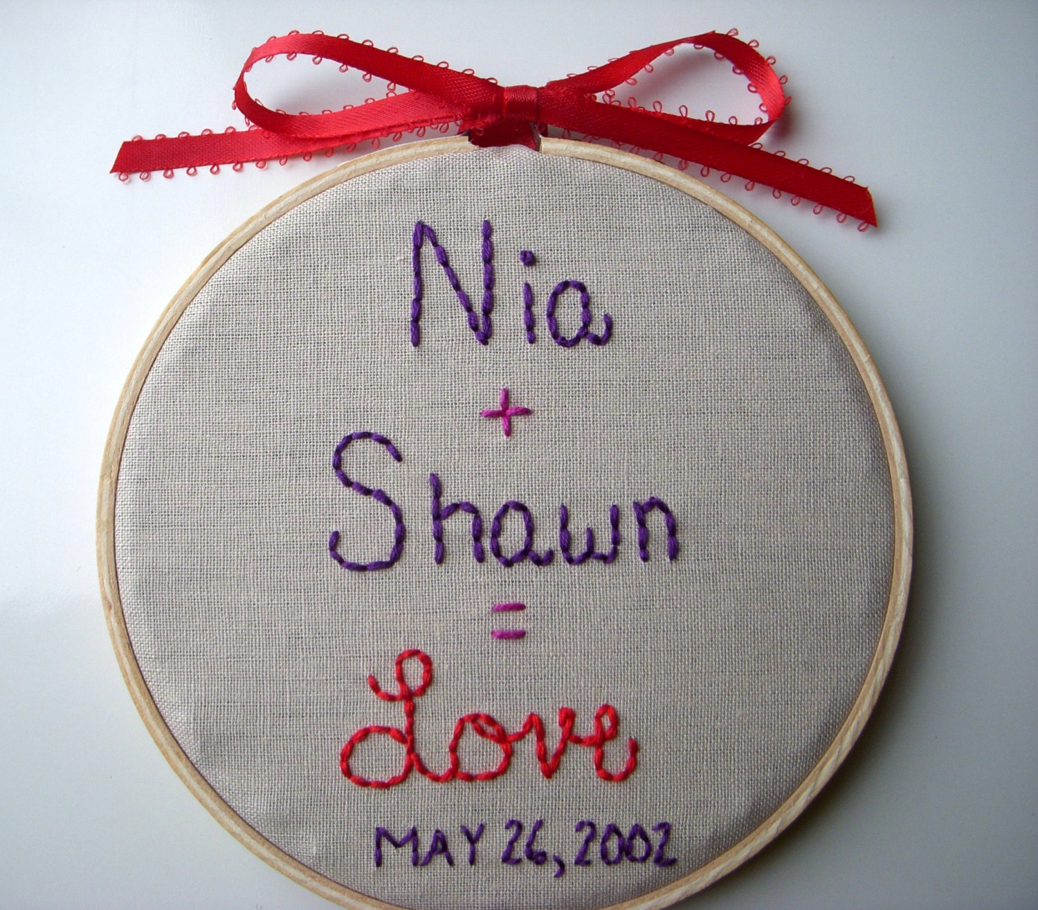 You plus Me equals Love. Wedding/Anniversary Hand Embroidery. Wall Hanging. Enter Code LOVERS2013 at checkout for 30% OFF