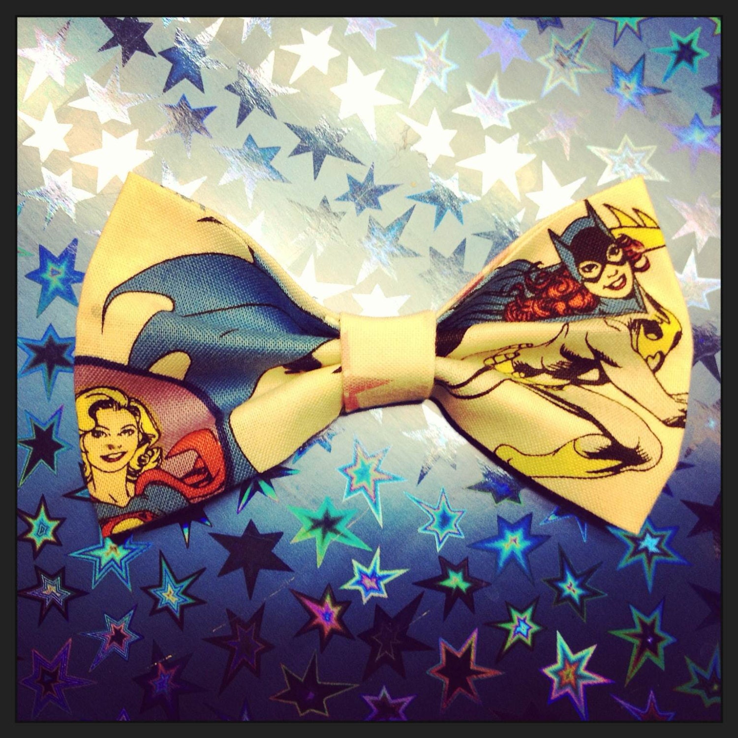 DC Comics Supergirl and Batgirl Retro Vintage print handmade fabric bow tie or hair bow