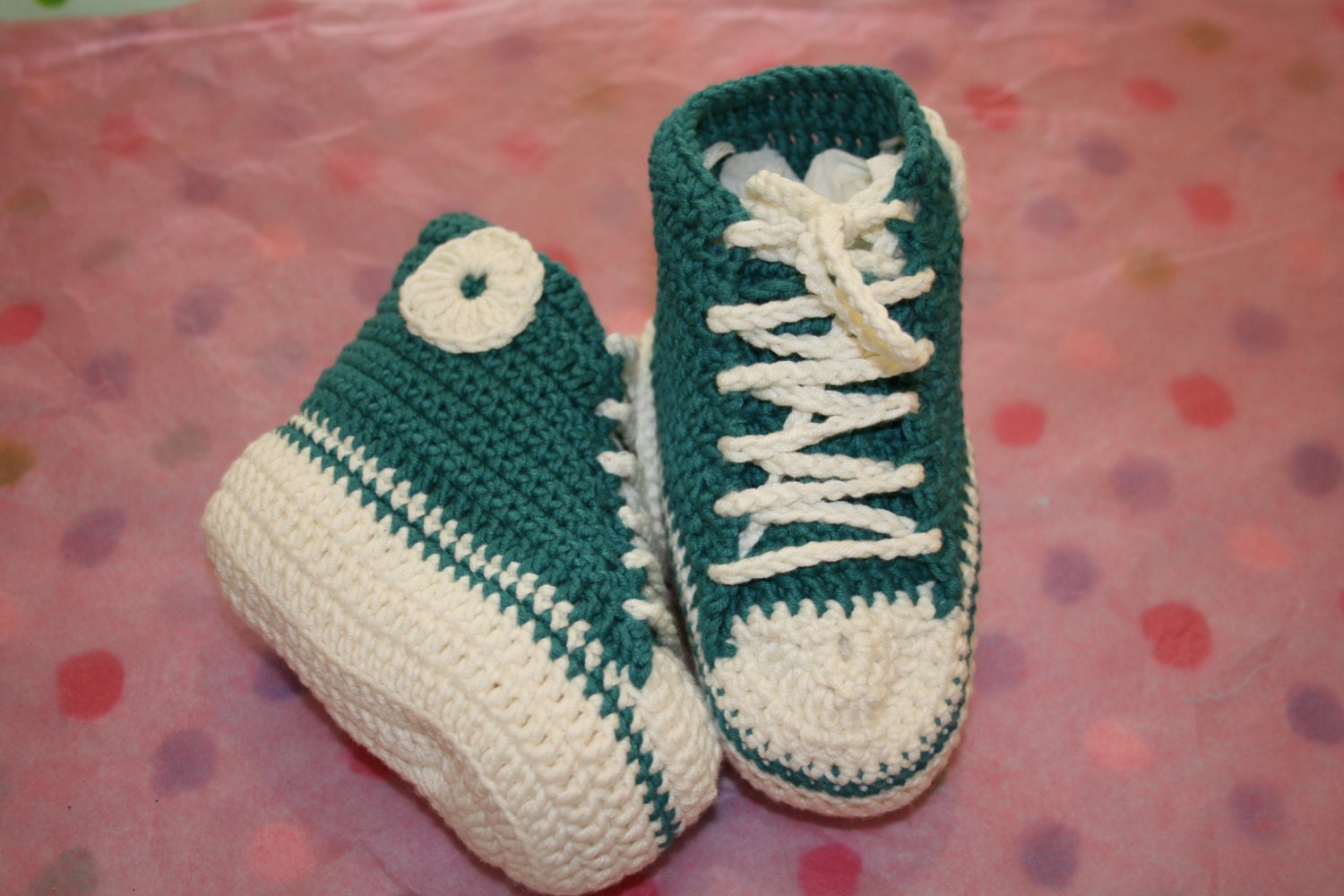 Baby crochet booties Baby sneakers handmade in deep opal green & cream natural bamboo and cotton mix. Age 3 to 9 months approximately