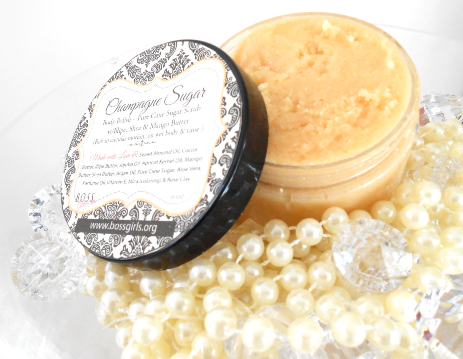 Champagne & Pearls Sugar Scrub - 6 Oz. - Sugar Scrub - With REAL Salt Water Pearl Powder and Shea Butter