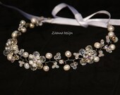 White bridal headpiece with freshwater pearls and crystals,rhinestone hair accessories,tiara headband handmade by Zhanna Design.
