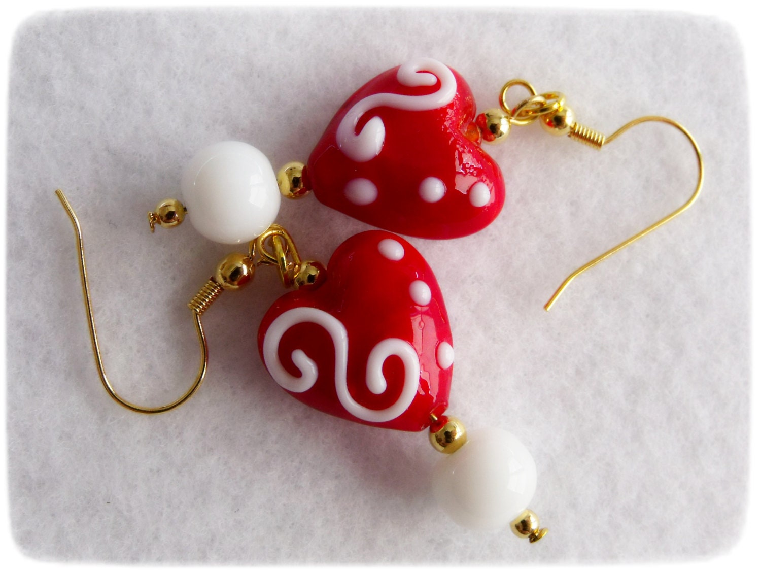 SWEETHEART VALENTINE lampwork glass earrings, long dangles, red & white, gift for her, holiday, ready to ship, heart, love - NeedfulTreasures4U