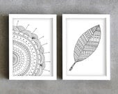 Pen drawing art prints, set art prints, flower drawing, leaf design art, nature print posters, black and white, motif pen illustrations