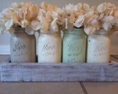 Rustic Mason Jar and wood box table Centerpiece wedding shabby chic distressed vase Green/Brown