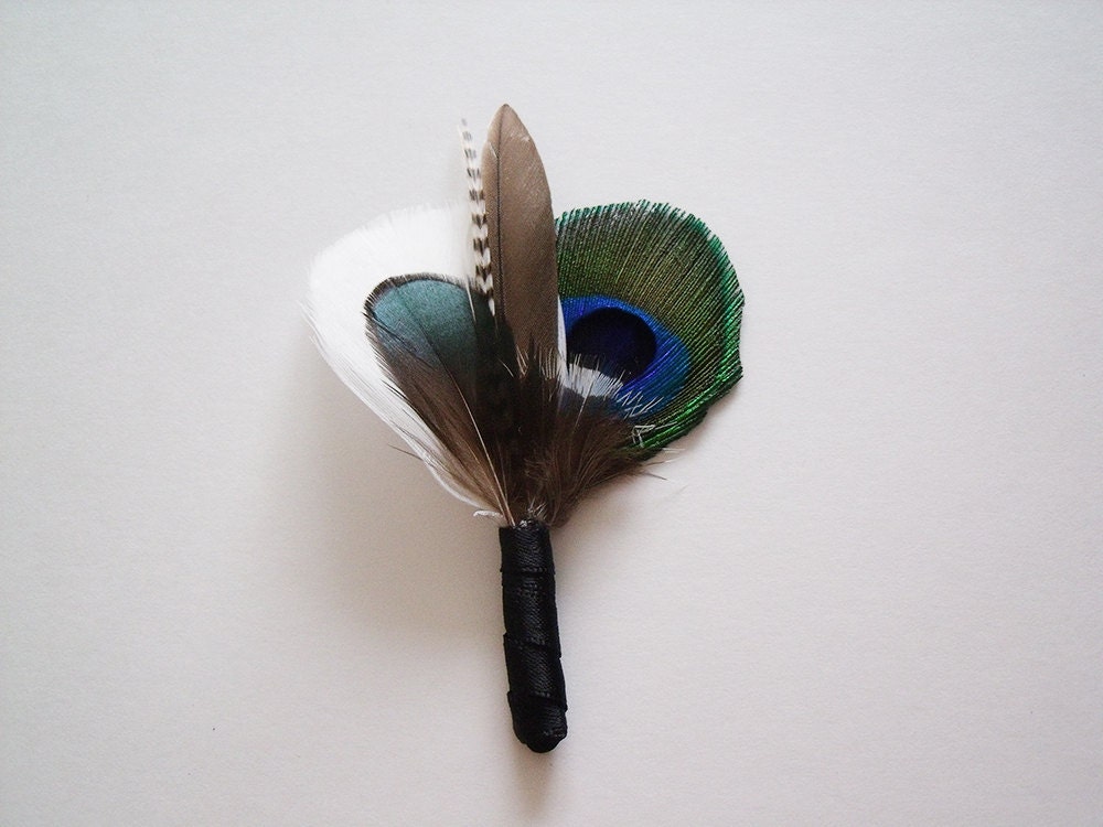 Feather Boutonnieres - Black and White Grizzly Peacock Boutineers - Groomsmen Boutineers - Groom's Rustic Lapel Pin