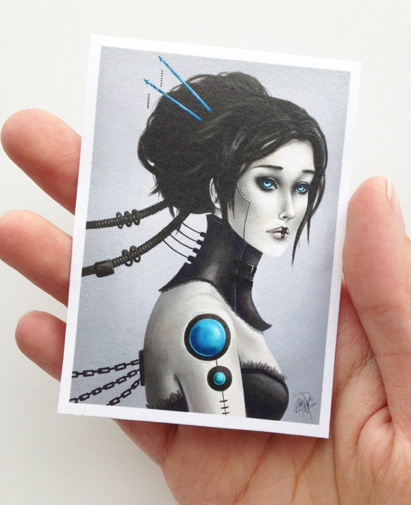 ACEO archival print - painting of a Victorian robot girl- sci fi steampunk Gothic inspired artwork