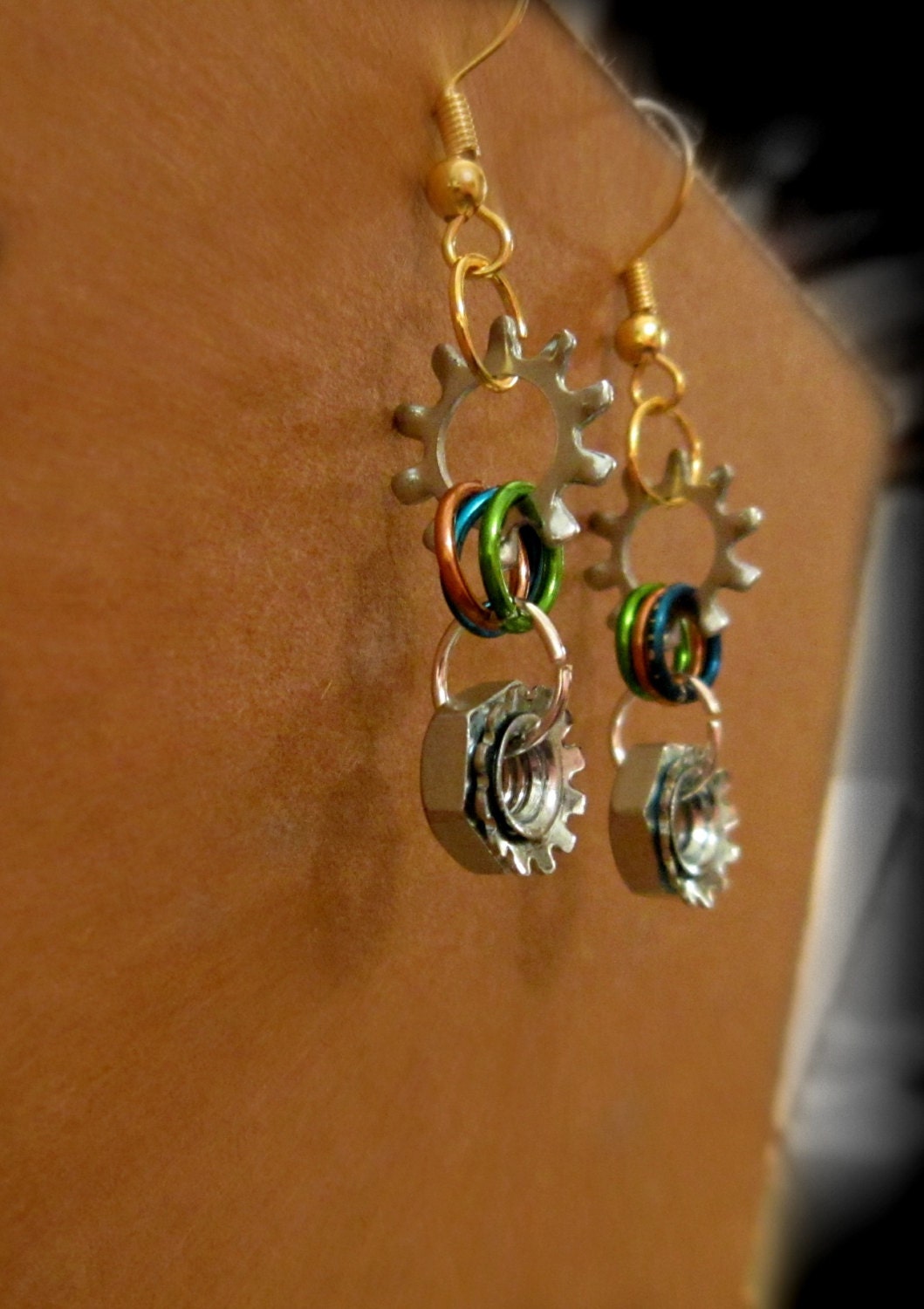 Handmade colorful modern spinning metal dangle industrial hardware earrings, urban chic, unique jewelry, steel, zinc, gold plated earrings