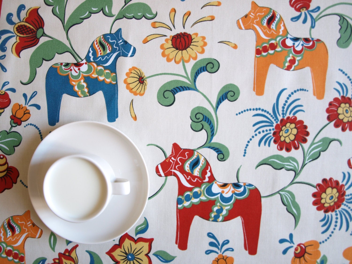 Tablecloth beige red orange blue Dala Horses 37"x56" or made to order your size, also  curtains available, great GIFT