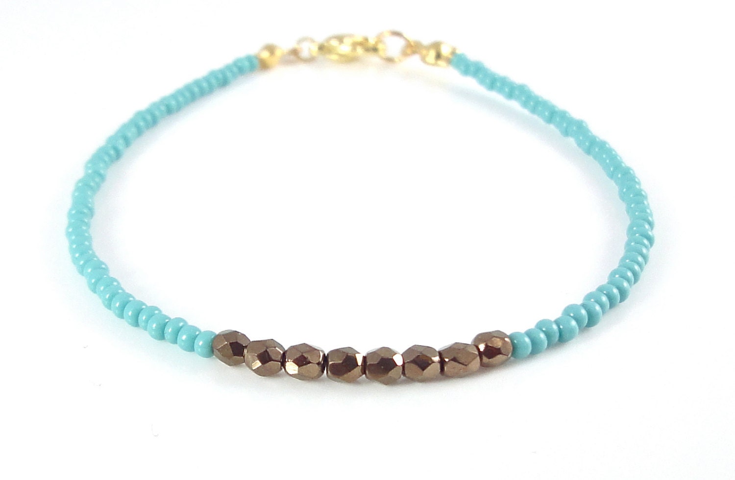 Dainty bracelet, tiny turquoise seed beads and golden bronze metallic crystal beads, thin bracelet, minimalist jewellery
