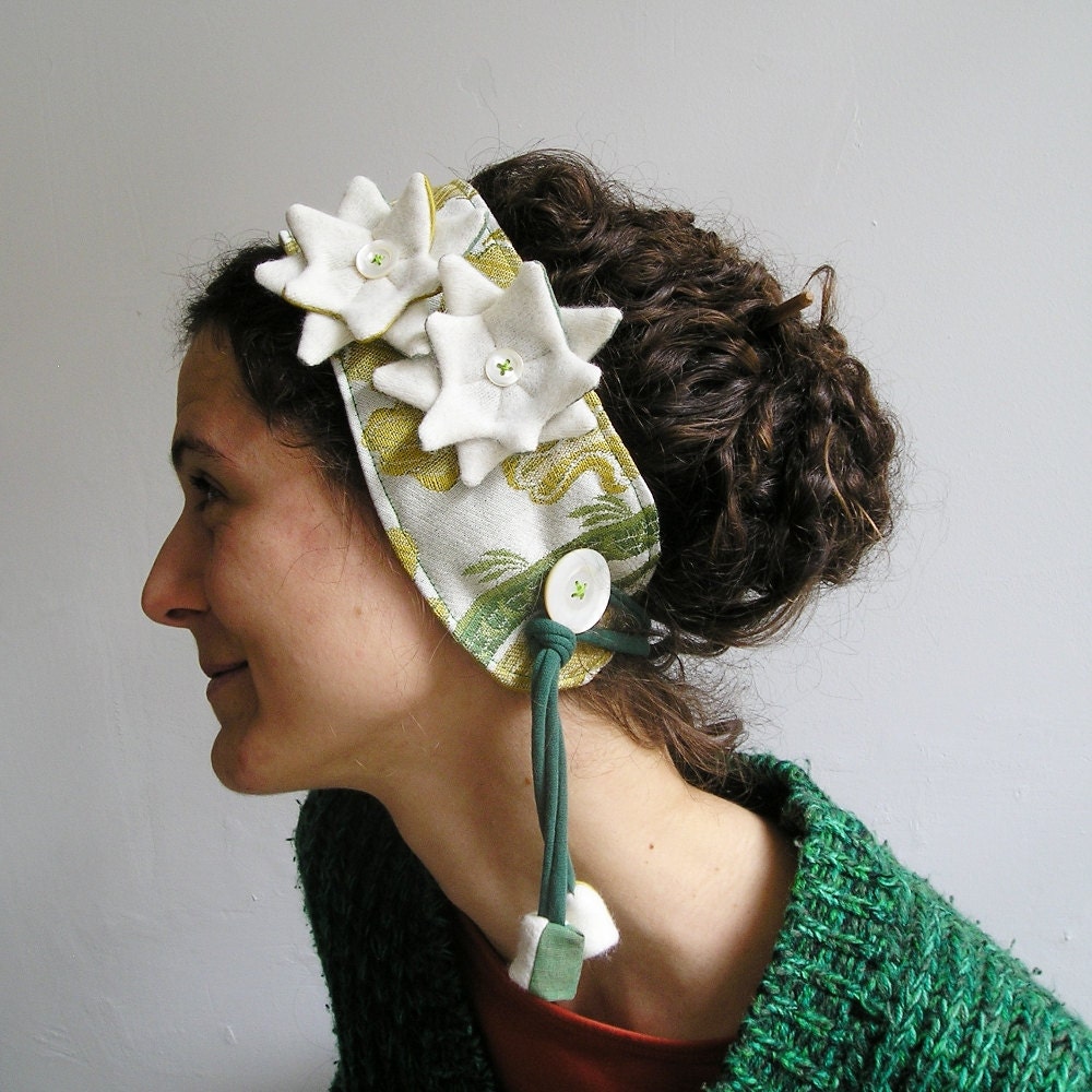 White flowers headband - Earwarmer - Edelweiss - Nymphea - OOAK